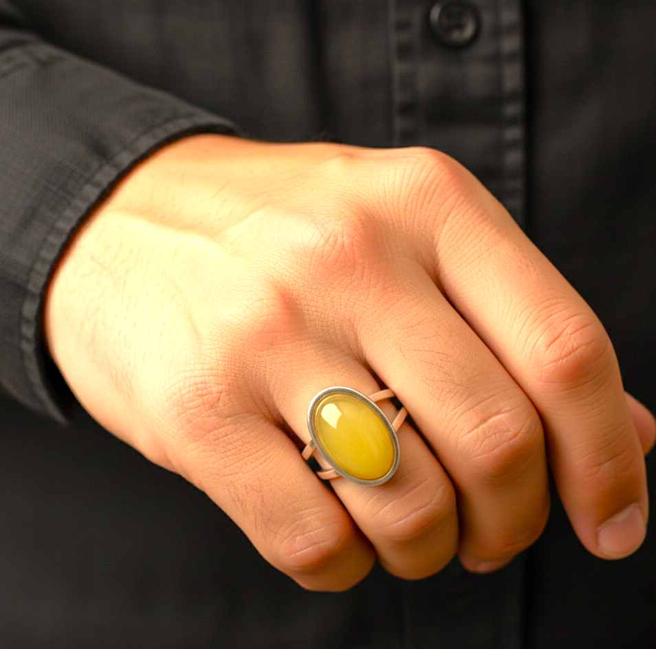 Real Yellow Calcite Oval Stone Ring | Fadeproof STEEL– For Men | Includes: Ring
