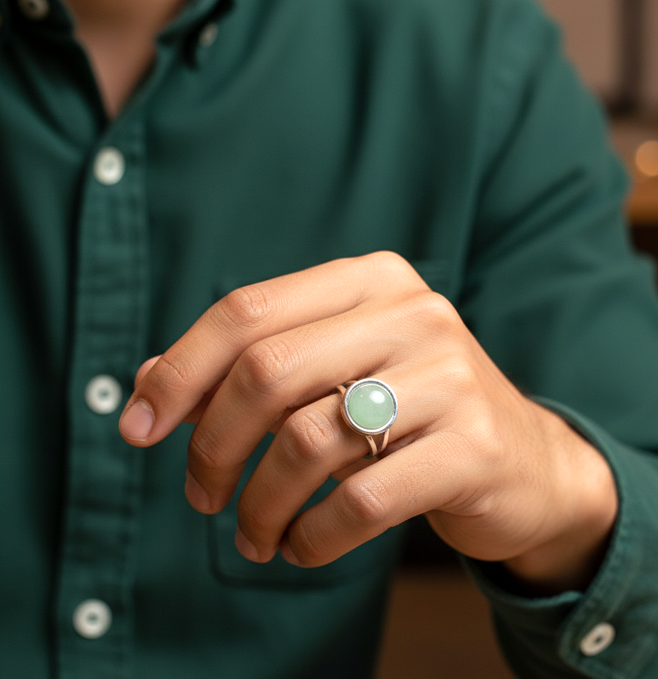 Real Green Aventurine Round Stone Ring | Fadeproof STEEL– For Men | Includes: Ring