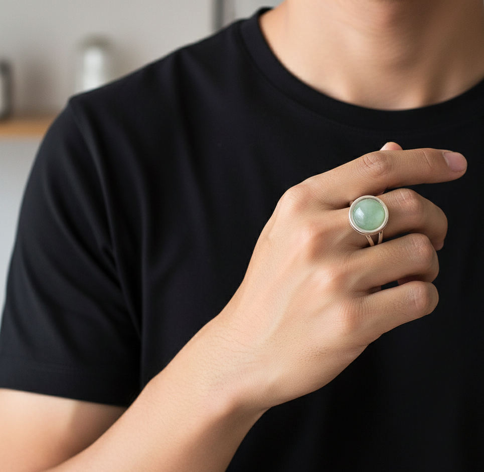 Real Green Aventurine Round Stone Ring | Fadeproof STEEL– For Men | Includes: Ring