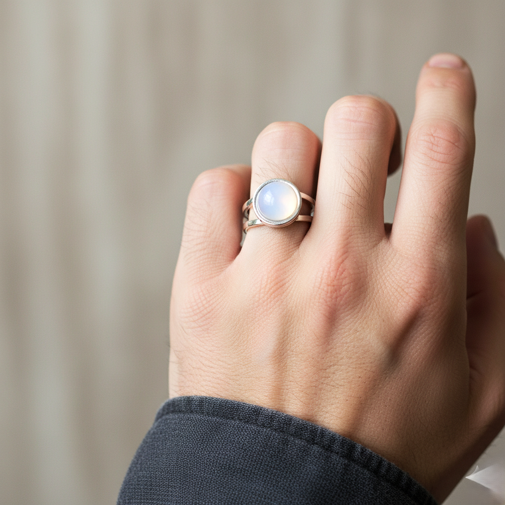 Real white quartz round Stone Ring | Fadeproof STEEL– For Men | Includes: Ring