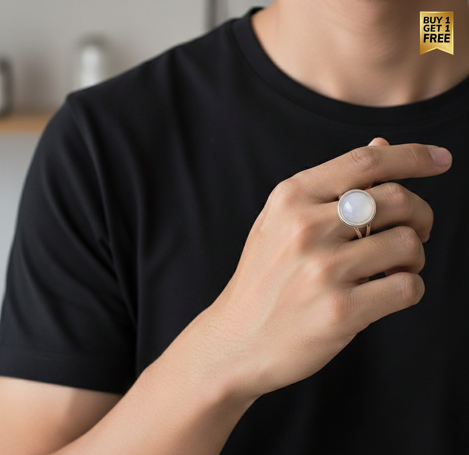 Real white quartz round Stone Ring | Fadeproof STEEL– For Men | Includes: Ring