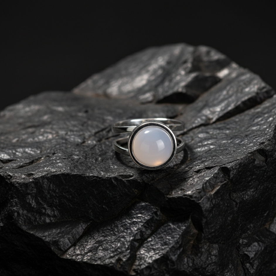 Real white quartz round Stone Ring | Fadeproof STEEL– For Men | Includes: Ring