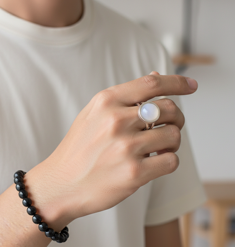 Real white quartz round Stone Ring | Fadeproof STEEL– For Men | Includes: Ring