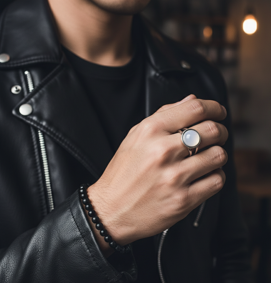Real white quartz round Stone Ring | Fadeproof STEEL– For Men | Includes: Ring