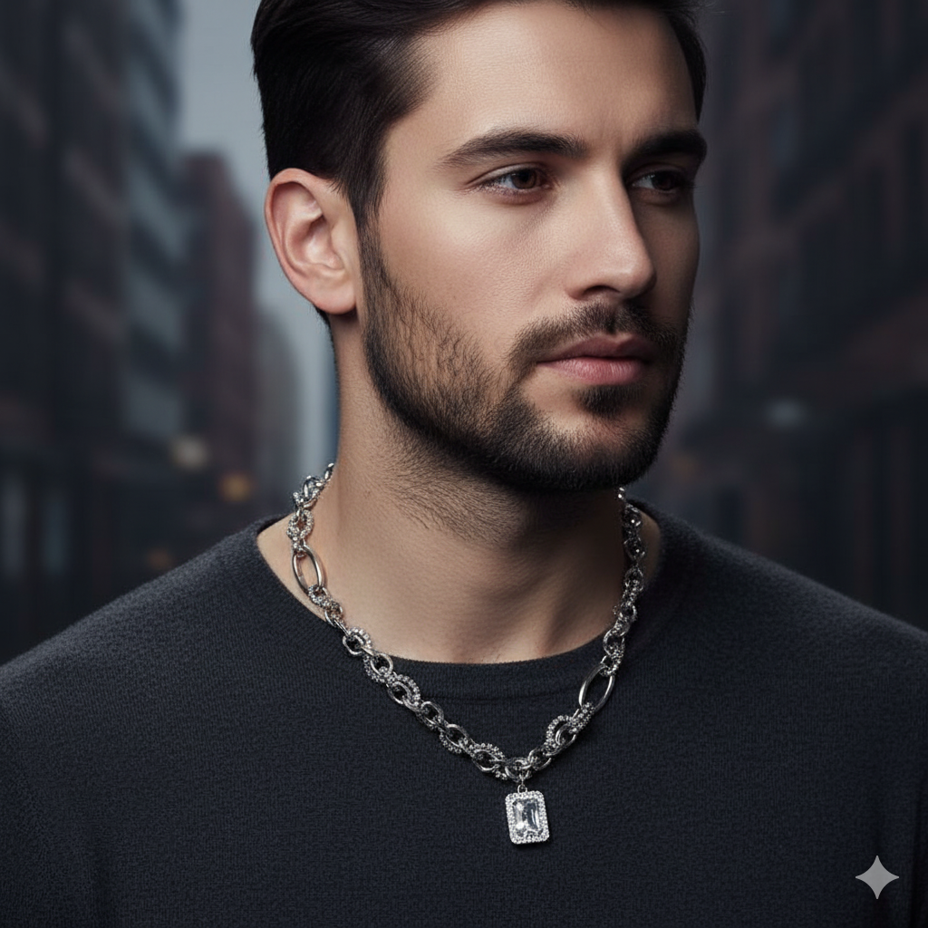 Clear Zircon dual-layered Necklace | REAL STEEL- For Men| Includes: Necklace