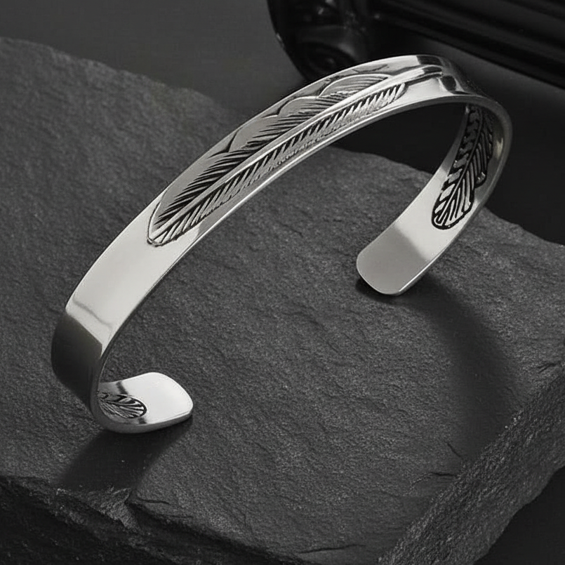 Solid Wisdom Feather Cuff Bracelet | Real Steel- For Men | Includes: Bracelet