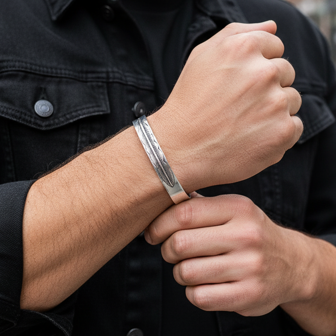 Solid Wisdom Feather Cuff Bracelet | Real Steel- For Men | Includes: Bracelet