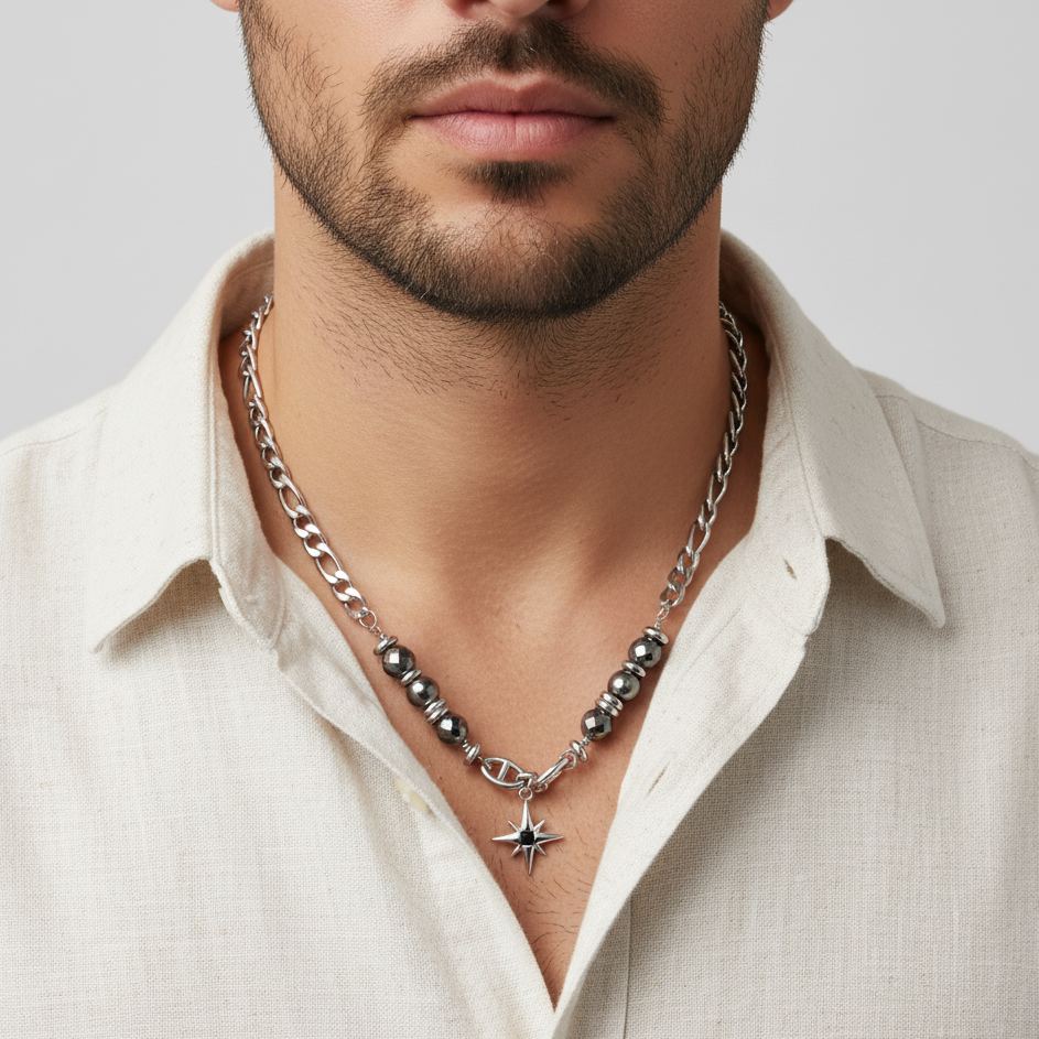 Obsidian Star Necklace | REAL STEEL- For Men| Includes: Necklace