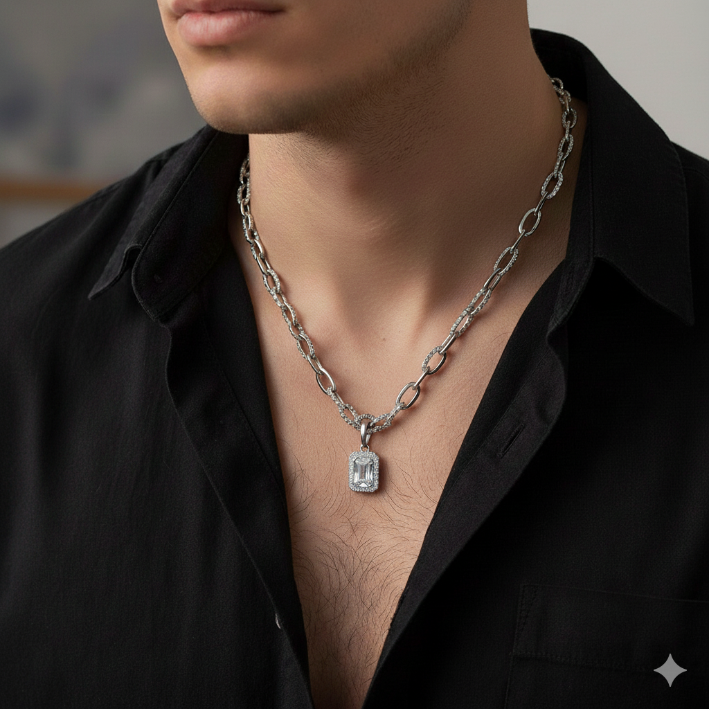 Clear Zircon dual-layered Necklace | REAL STEEL- For Men| Includes: Necklace