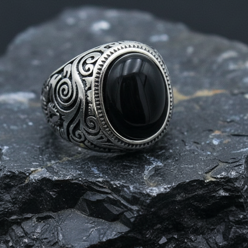 BOLD Black Obsidian STEEL Ring | Stainless Steel– For Men | Includes: Ring