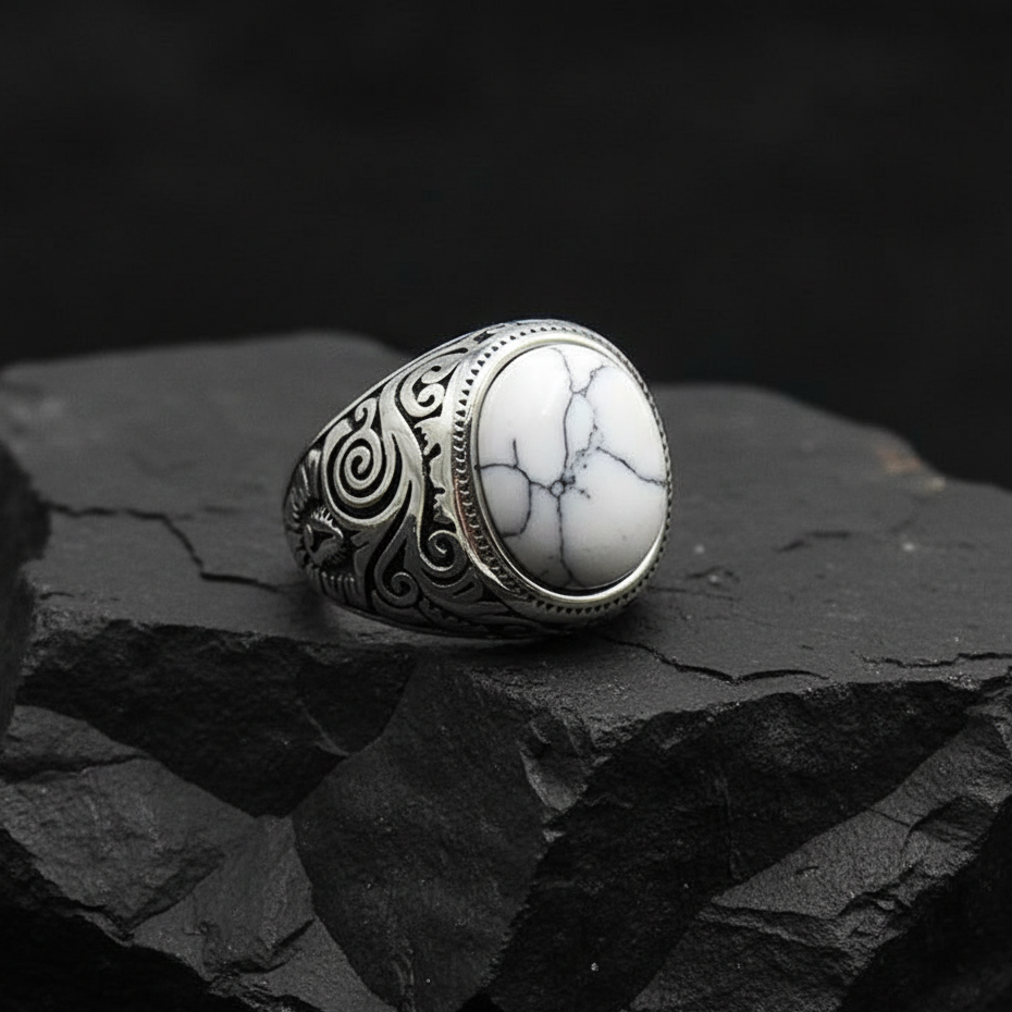 BOLD Howlite Stone STEEL Ring | Stainless Steel– For Men | Includes: Ring
