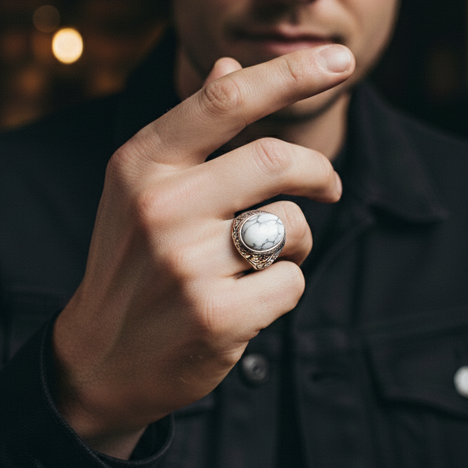 BOLD Howlite Stone STEEL Ring | Stainless Steel– For Men | Includes: Ring