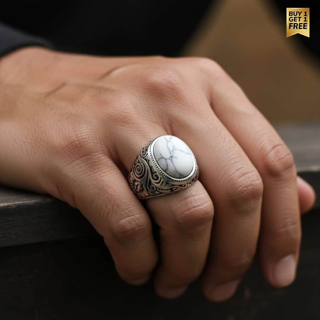 BOLD Howlite Stone STEEL Ring | Stainless Steel– For Men | Includes: Ring