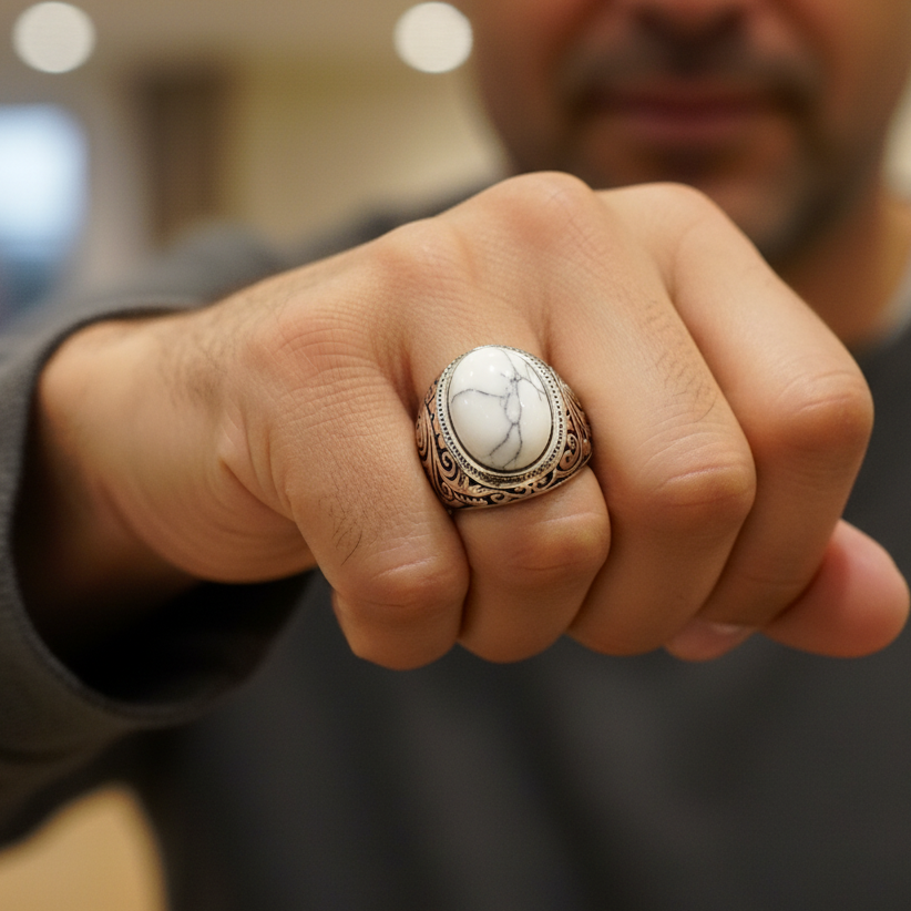 BOLD Howlite Stone STEEL Ring | Stainless Steel– For Men | Includes: Ring