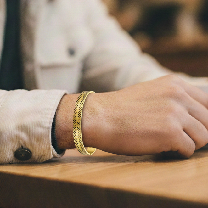 Solid Designer Cuff Bracelet | 18K PVD Gold Plated Steel - For Men | Includes: Bracelet
