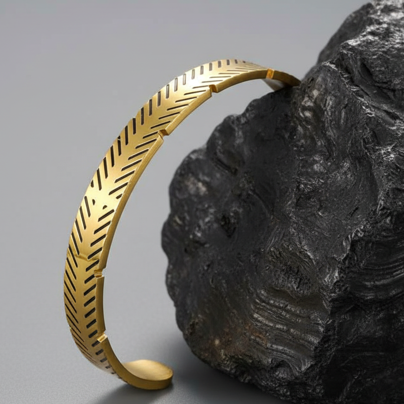 Solid Designer Cuff Bracelet | 18K PVD Gold Plated Steel - For Men | Includes: Bracelet
