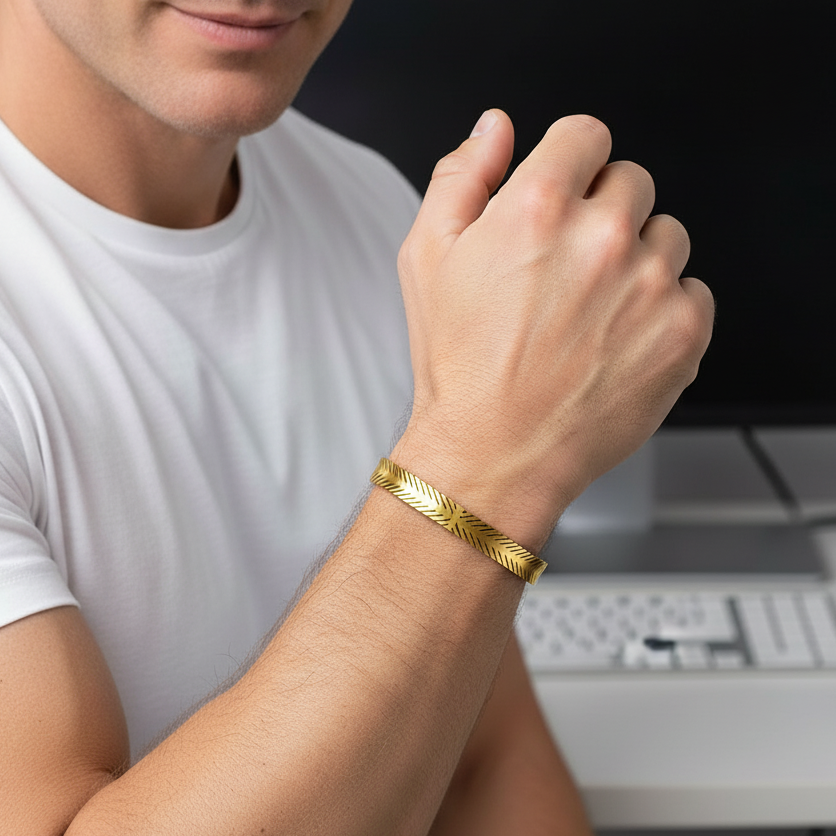 Solid Designer Cuff Bracelet | 18K PVD Gold Plated Steel - For Men | Includes: Bracelet