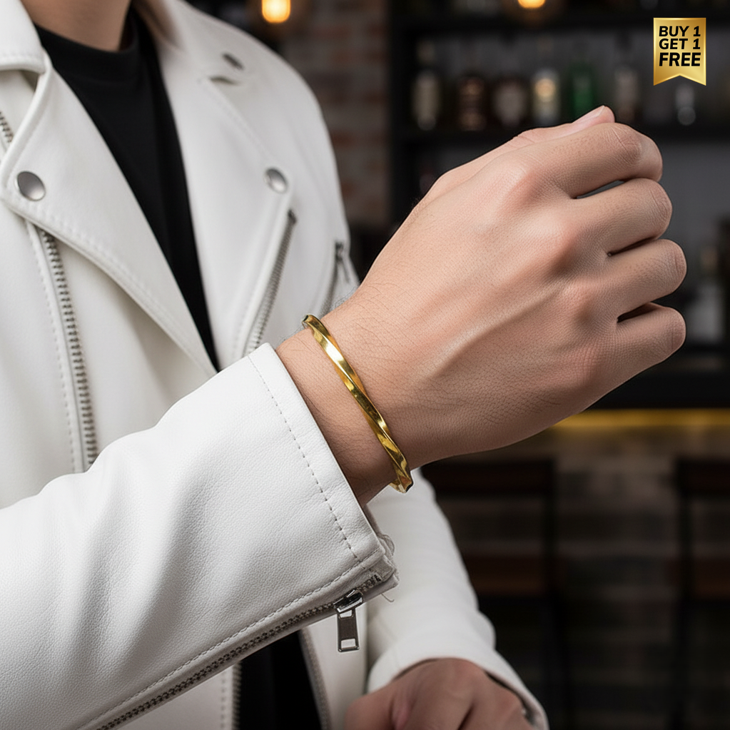 Twisted REAL GOLD FINISH SLIM FIT Steel Cuff Bracelet | 18K PVD Gold Plated- For Men | Includes: Bracelet