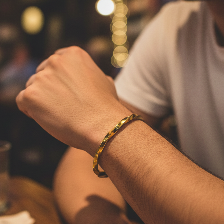 Twisted REAL GOLD FINISH SLIM FIT Steel Cuff Bracelet | 18K PVD Gold Plated- For Men | Includes: Bracelet