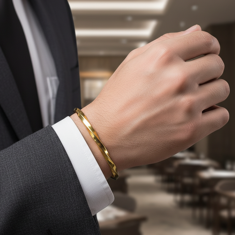 Twisted REAL GOLD FINISH SLIM FIT Steel Cuff Bracelet | 18K PVD Gold Plated- For Men | Includes: Bracelet