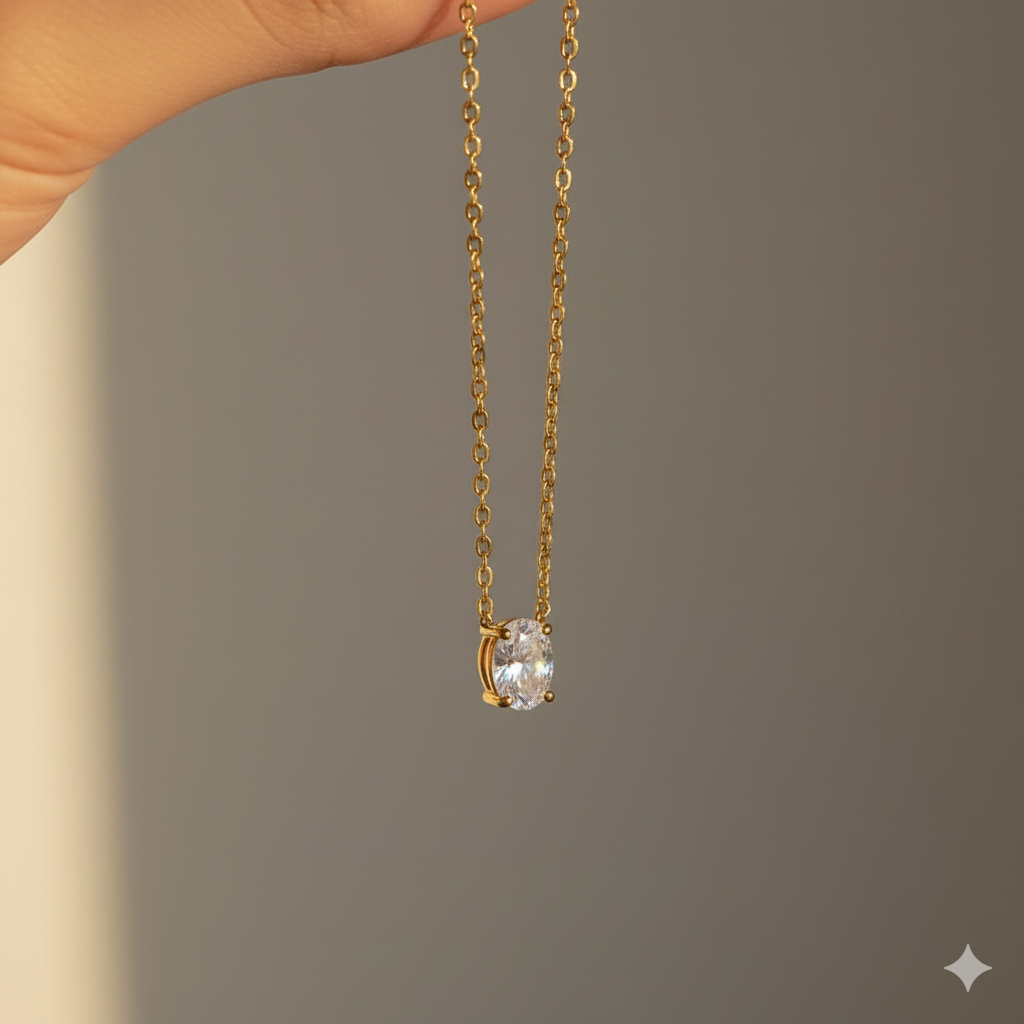 Oval Zircon Dainty Necklace | 18K PVD Gold Plated - For Women | Includes: Necklace