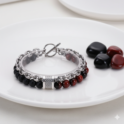 Focus Dual Layer Bracelet | Red Tiger Eye & Obsidian - For Men | Includes: Bracelet