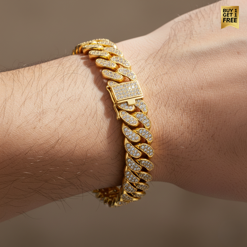 Golden Cuban Zircon Bracelet (Alloy) | Cubic Zirconia - For Men | Includes: Bracelet