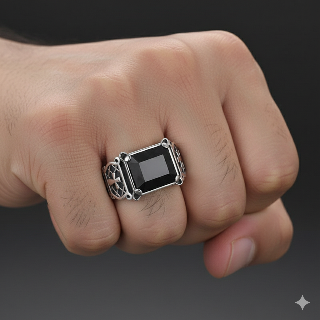 Power Black Zircon Ring Flexi Size | Premium Alloy– For Men | Includes: Ring