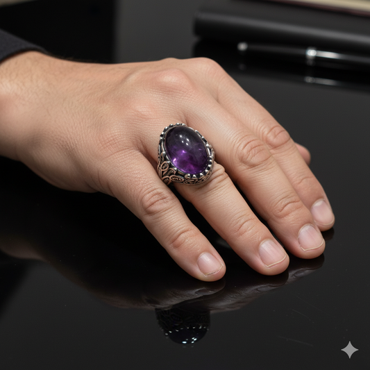 Purple Pleasure Ring Flexi Size | Amethyst Stone– For Men | Includes: Ring