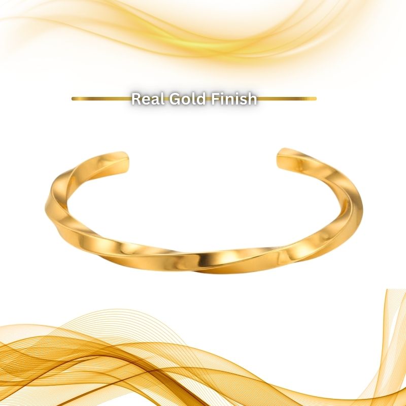 Twisted REAL GOLD FINISH SLIM FIT Steel Cuff Bracelet | 18K PVD Gold Plated- For Men | Includes: Bracelet