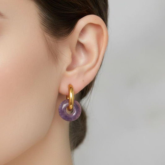Golden Aura Hoop Earrings | Amethyst Stone & 18K PVD Gold Plated - For Women | Includes: Earrings