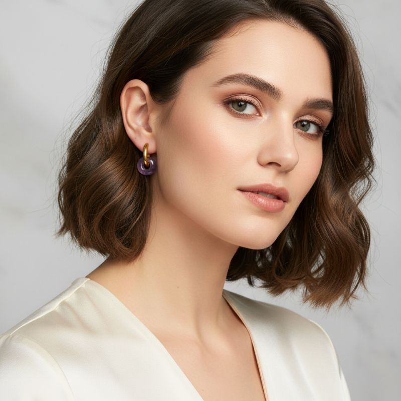 Golden Aura Hoop Earrings | Amethyst Stone & 18K PVD Gold Plated - For Women | Includes: Earrings