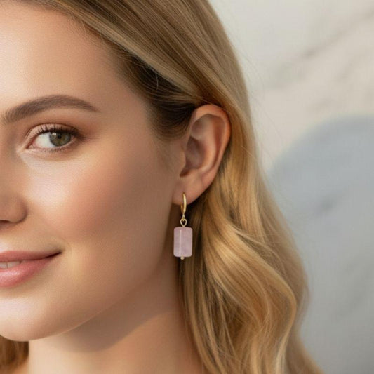 Golden Blush Earrings | Rose Quartz & 18K PVD Gold Plated - For Women | Includes: Earrings