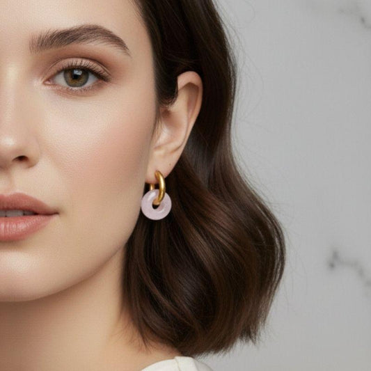 Golden Rose Hoop Earrings | Rose Quartz Stone & 18K PVD Gold Plated - For Women | Includes: Earrings