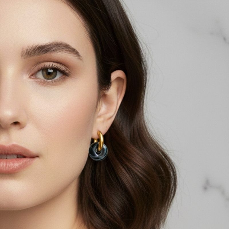 Golden Shadow Hoop Earrings | Onyx Stone & 18K PVD Gold Plated - For Women | Includes: Earrings