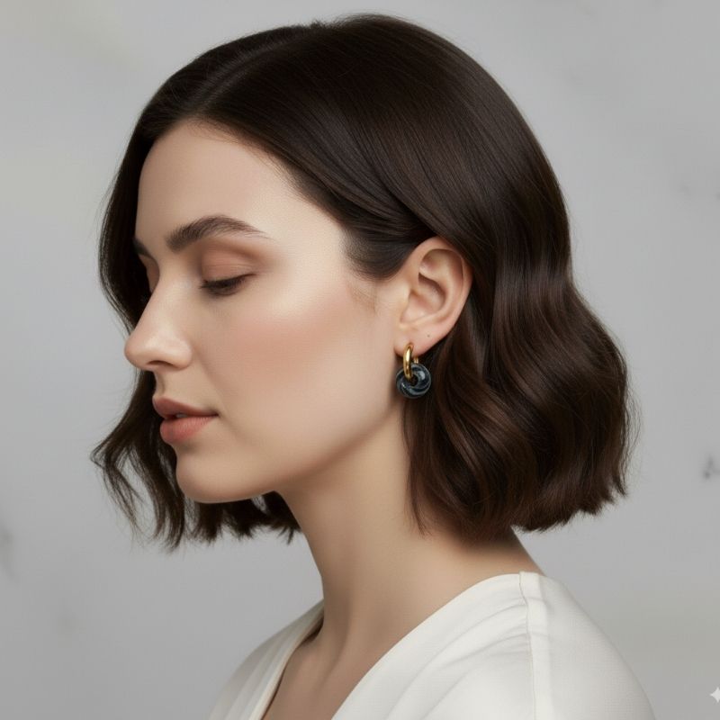 Golden Shadow Hoop Earrings | Onyx Stone & 18K PVD Gold Plated - For Women | Includes: Earrings
