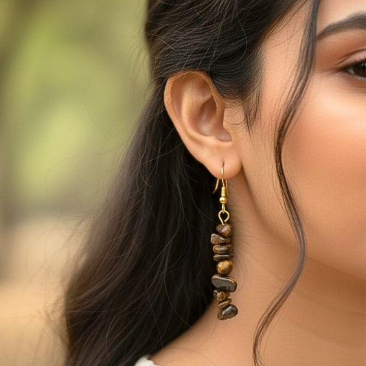 Golden Strength Earrings | 18K PVD Gold Plated & Tiger Eye Chip - For Women | Includes: Earrings