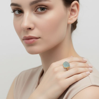 Green Aura Adjustable Ring | Green Jade Stone & PVD Gold - For Women | Includes: Ring