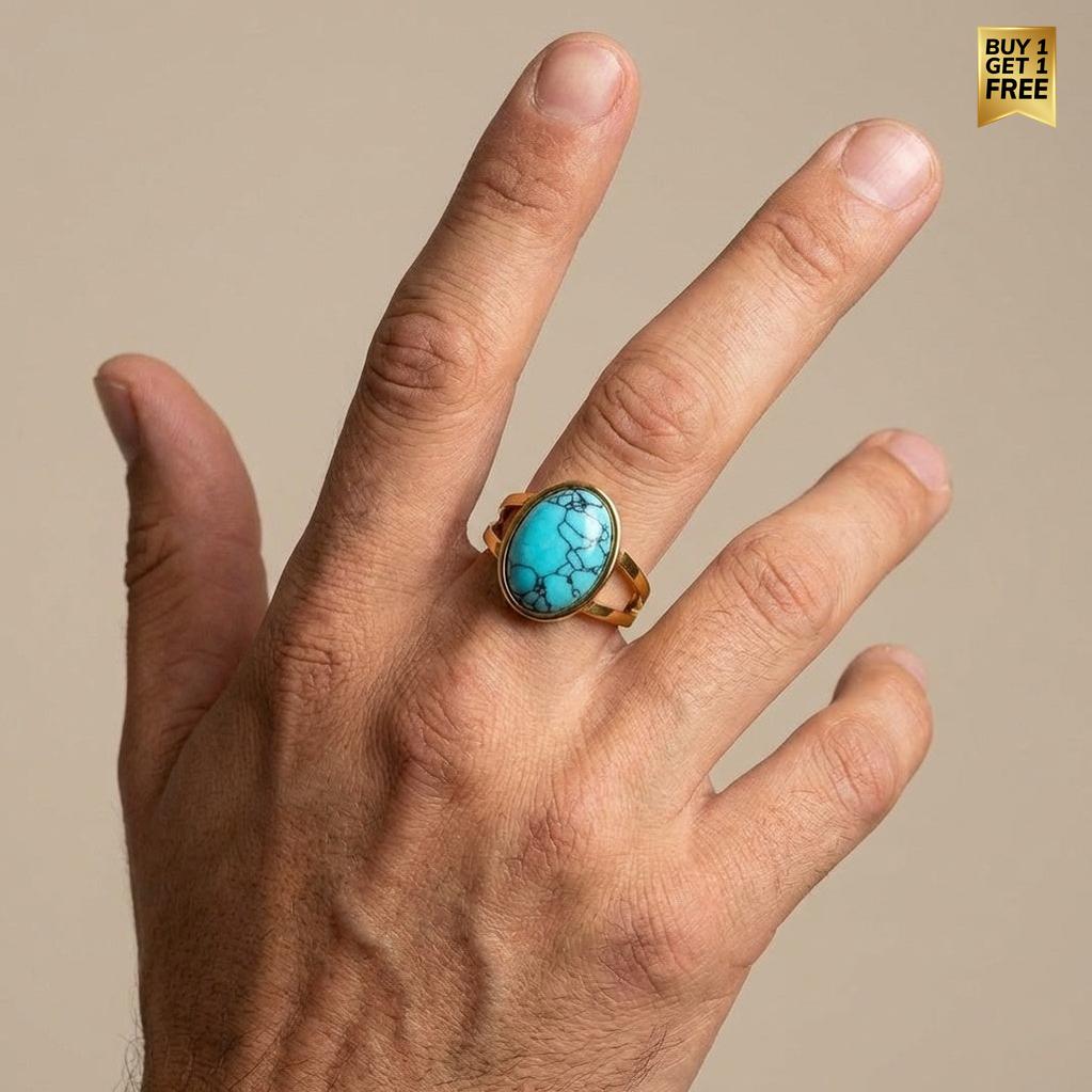 Turquoise Stone Golden Dual Band Oval Ring | 18K Real Gold PVD Plated– For Men | Includes: Ring