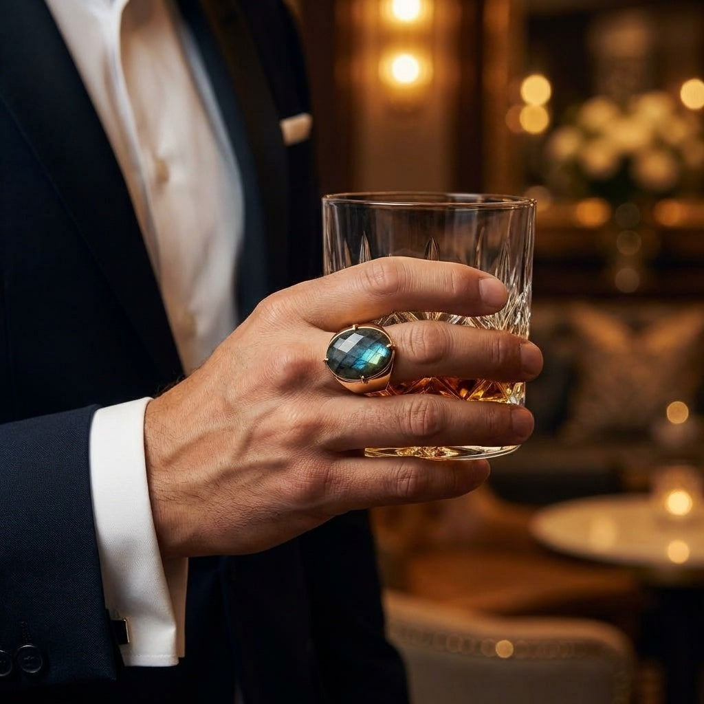Natural Labradorite Faceted Stone Golden Flexi Size Ring | 18K Real Gold PVD Plated– For Men | Includes: Ring