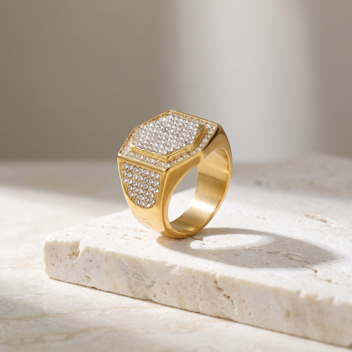 Golden Hexagon Micro Zircon Bold Steel Ring | 18K Real Gold PVD Plated– For Men | Includes: Ring