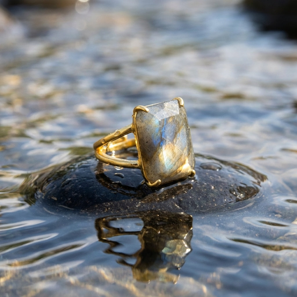 BOLD Labradorite Stone Golden Flexi Size Ring | 18K Real Gold PVD Plated– For Men | Includes: Ring