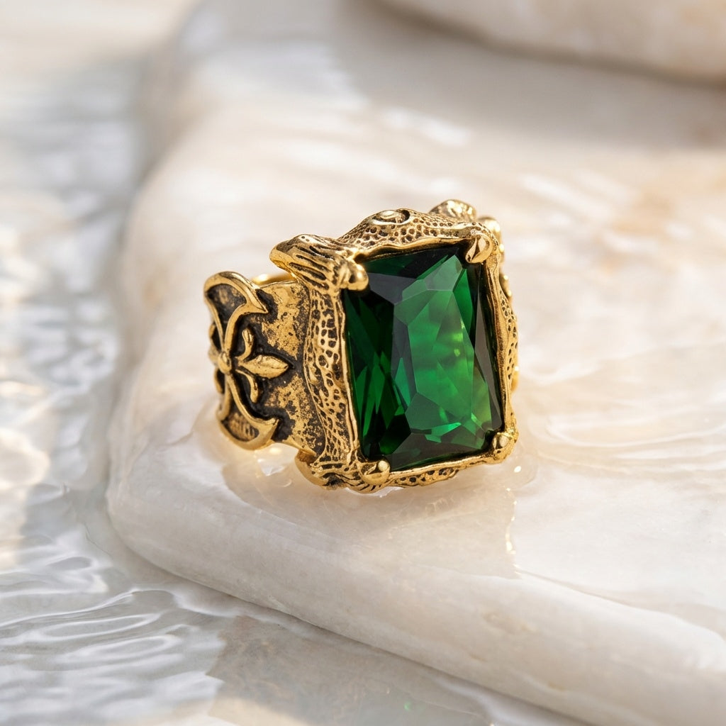 Green Zircon BOLD Iranian Golden Titanium Ring | 18K Real Gold PVD Plated– For Men | Includes: Ring