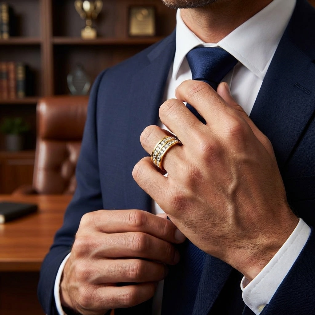 Zircon Line Titanium Steel Golden Ring | 18K Real Gold PVD Plated– For Men | Includes: Ring
