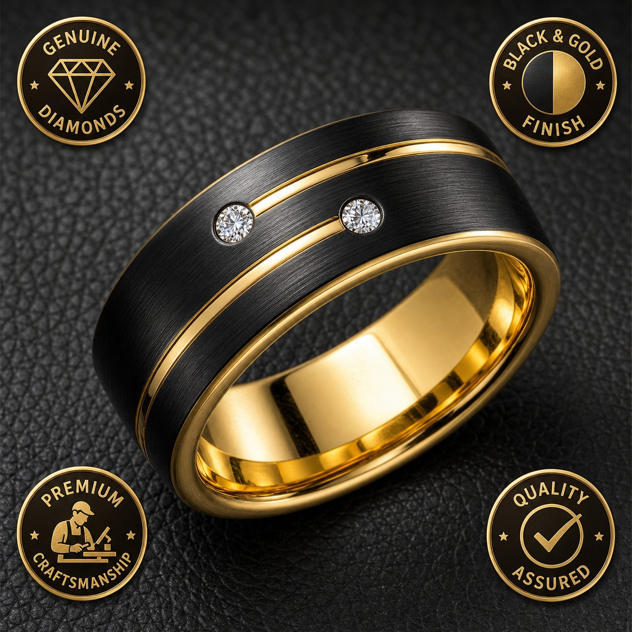 Black Class Golden Ring | 18K Real Gold PVD Plated– For Women | Includes: Ring