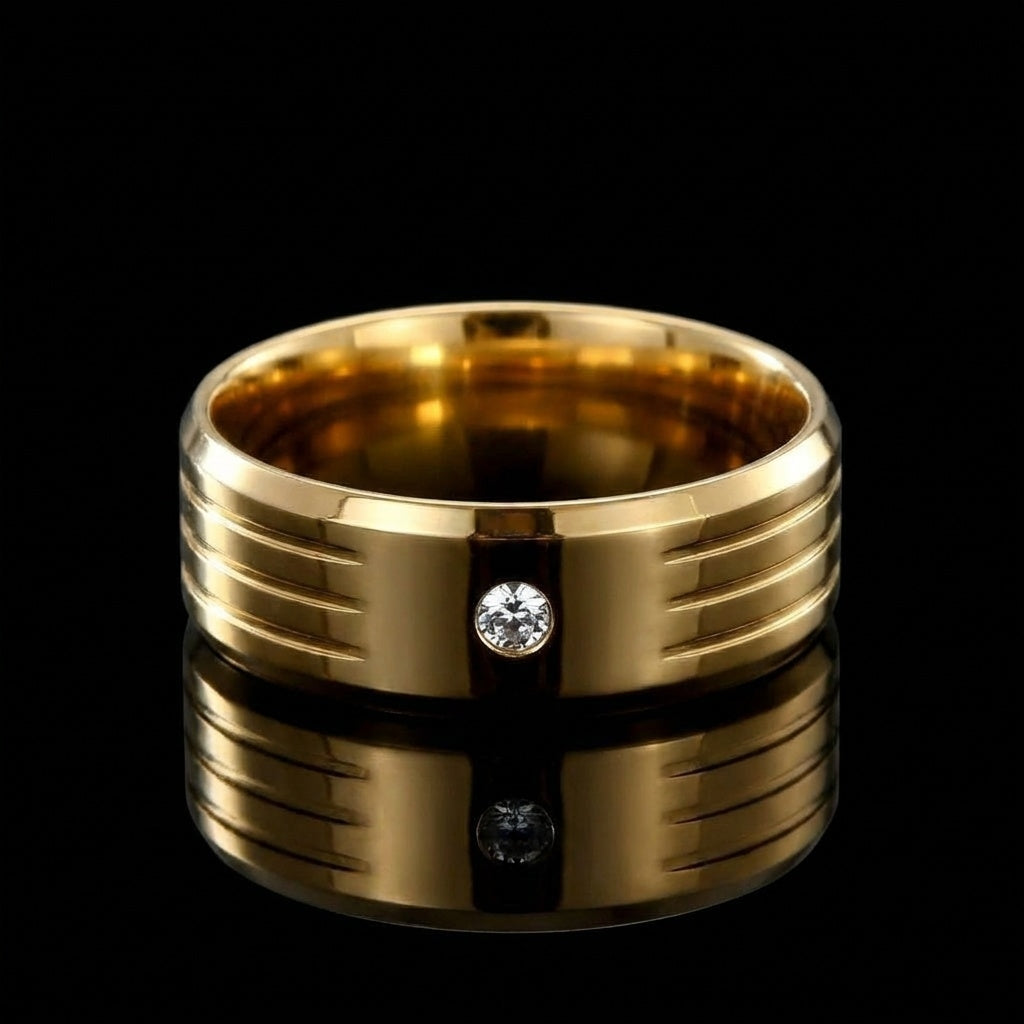 Solitire Mini Zircon Titanium Steel Golden Ring | 18K Real Gold PVD Plated– For Men | Includes: Ring