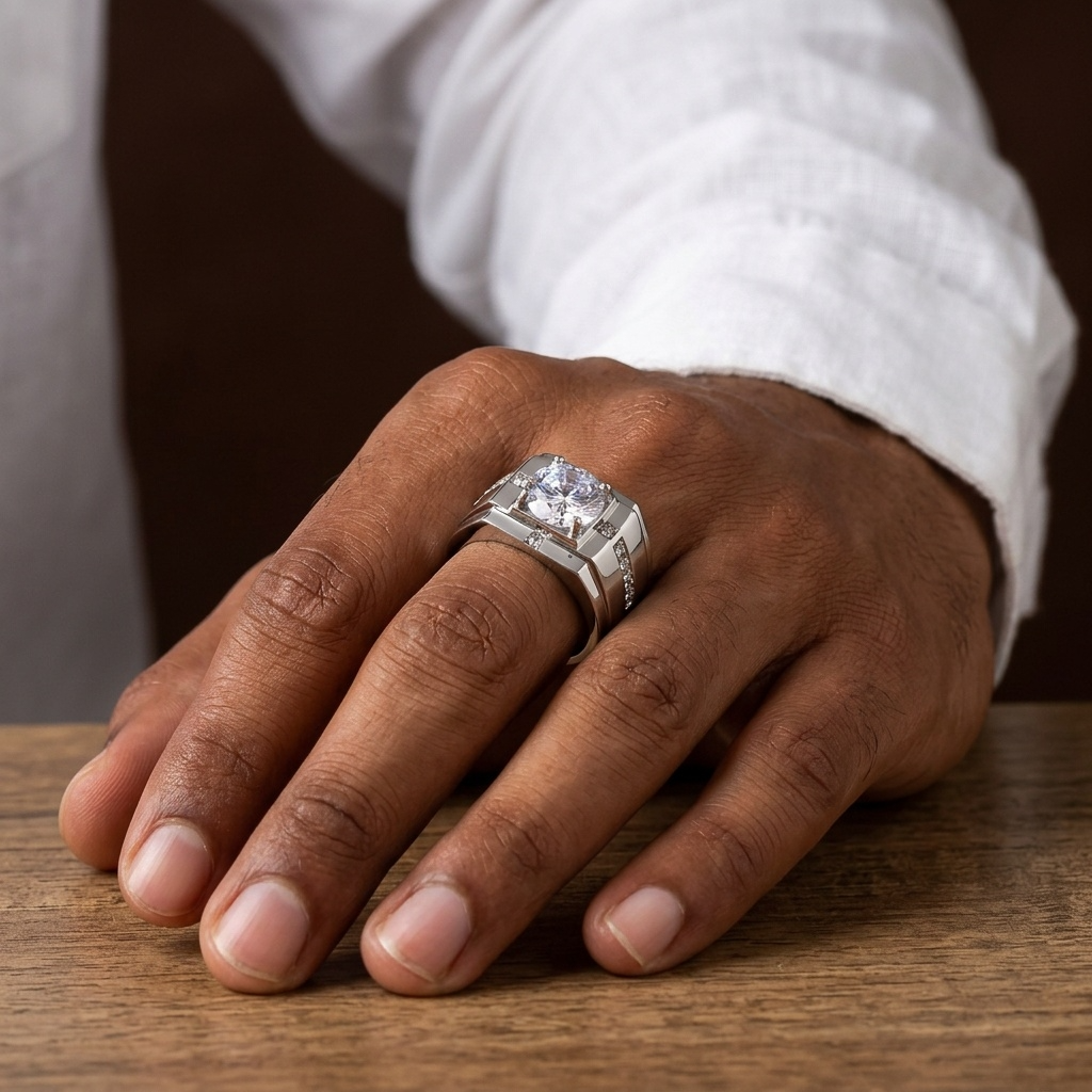 Regular Classic Silverish Solitire Clear Zircon Ring | PVD Plated– For Men | Includes: Ring