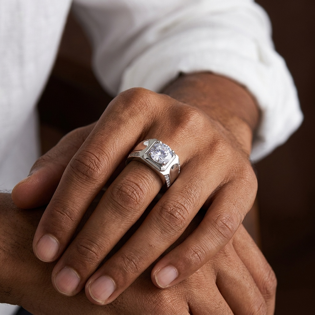 Pyramid Silverish Solitire Clear Zircon Ring | PVD Plated– For Men | Includes: Ring