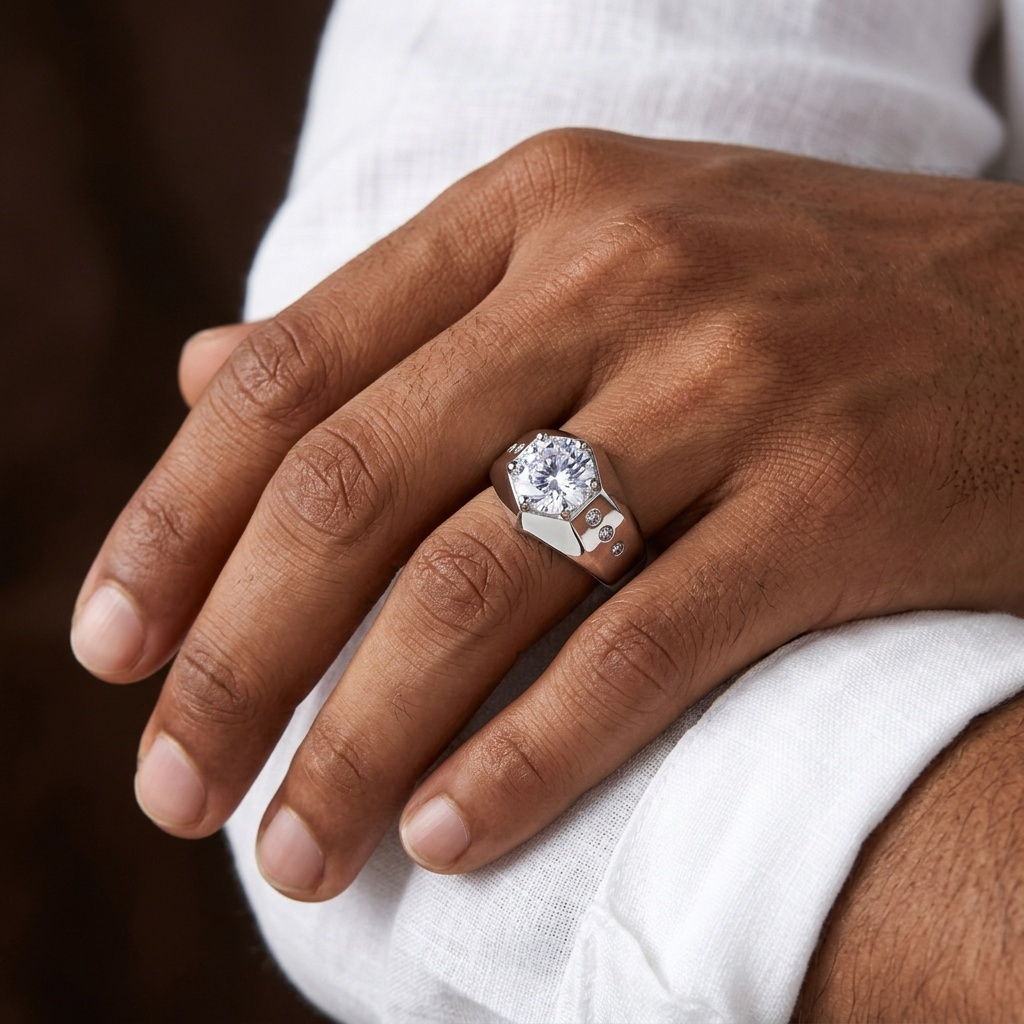 Squared Silverish Solitire Clear Zircon Ring | PVD Plated– For Men | Includes: Ring