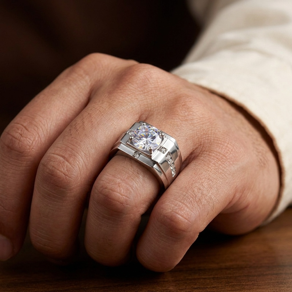 Regular Classic Silverish Solitire Clear Zircon Ring | PVD Plated– For Men | Includes: Ring
